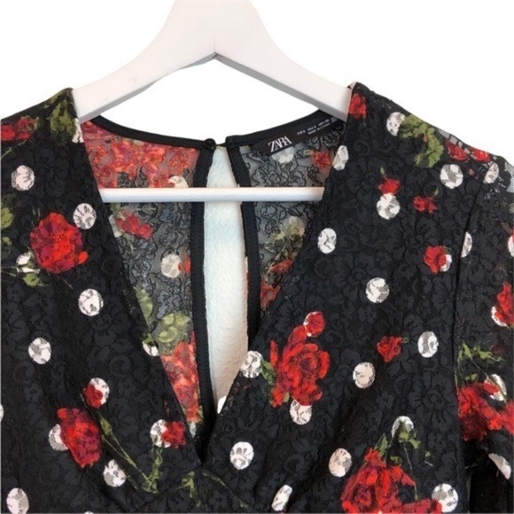 Zara Black Red Rose Polka Dot Dress - Picture 3 of 12